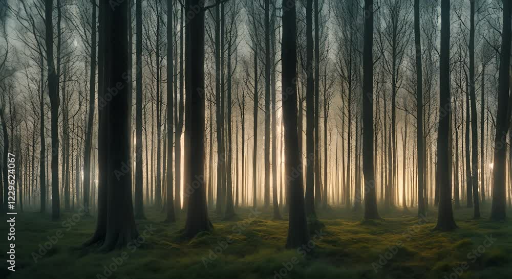 Sunlit Forest at Dawn, Misty and Serene Sunlit Forest at Dawn, Misty and Serene