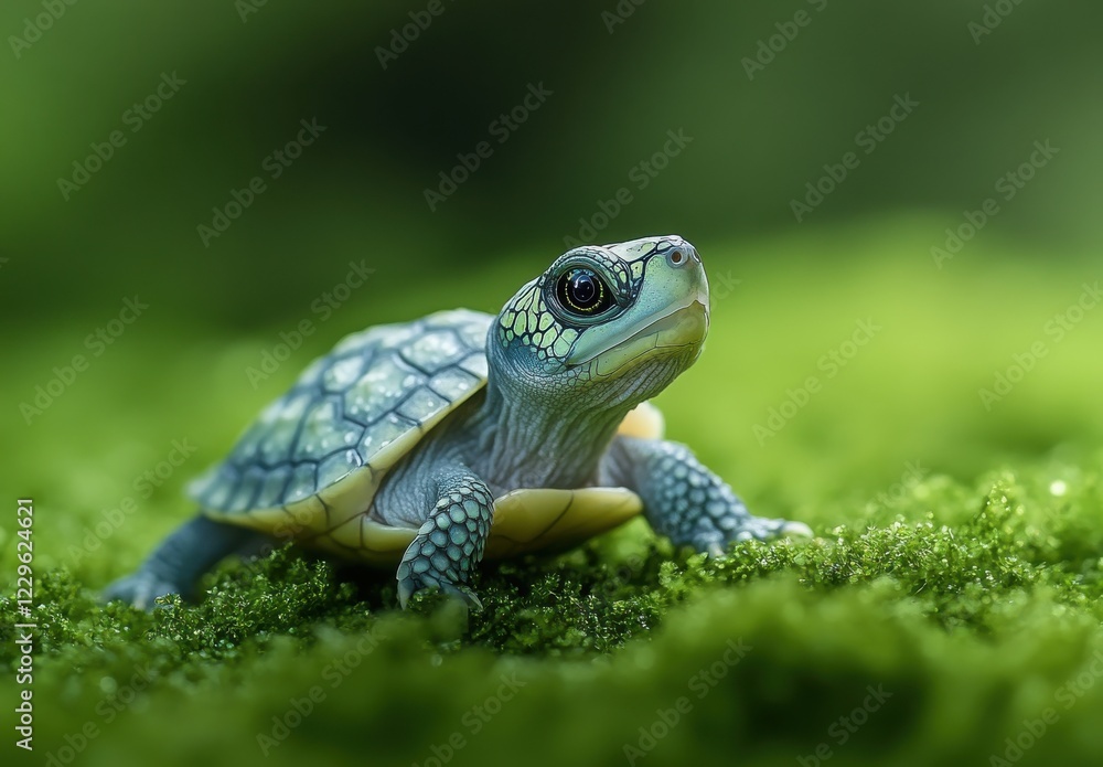 Cute Baby Turtle Crawling on Soft Green Moss in Lush Natural Environment with Blurry Background for Wildlife and Nature Photography Cute Baby Turtle Crawling on Soft Green Moss in Lush Natural Environment with Blurry Background for Wildlife and Nature Photography