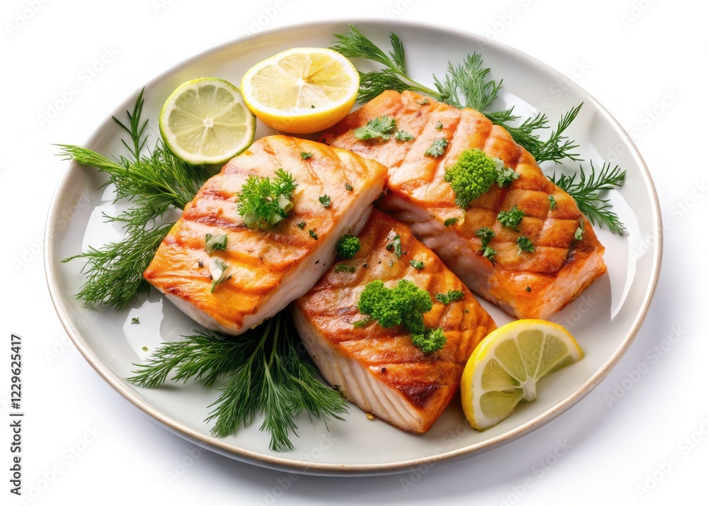 Overhead shot: grilled salmon, vibrant dill, lemon slices, a surreal culinary masterpiece. Overhead shot: grilled salmon, vibrant dill, lemon slices, a surreal culinary masterpiece.