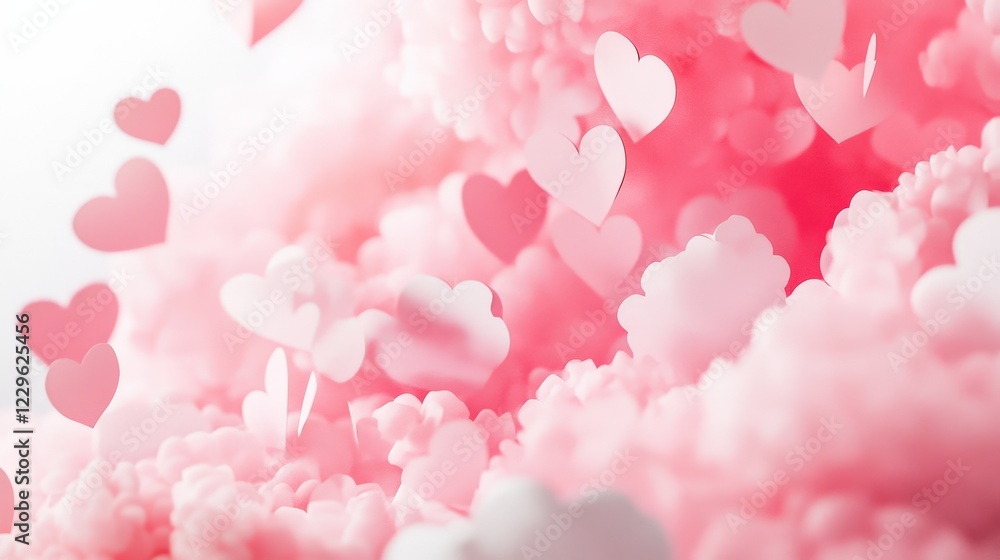 Hearts floating on pink clouds, creating a romantic and whimsical background for love-themed designs, advertisements, or seasonal celebrations and events. Hearts floating on pink clouds, creating a romantic and whimsical background for love-themed designs, advertisements, or seasonal celebrations and events.