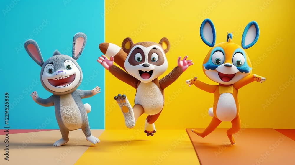 Three cartoon animals are standing in front of a colorful background. Three cartoon animals are standing in front of a colorful background.