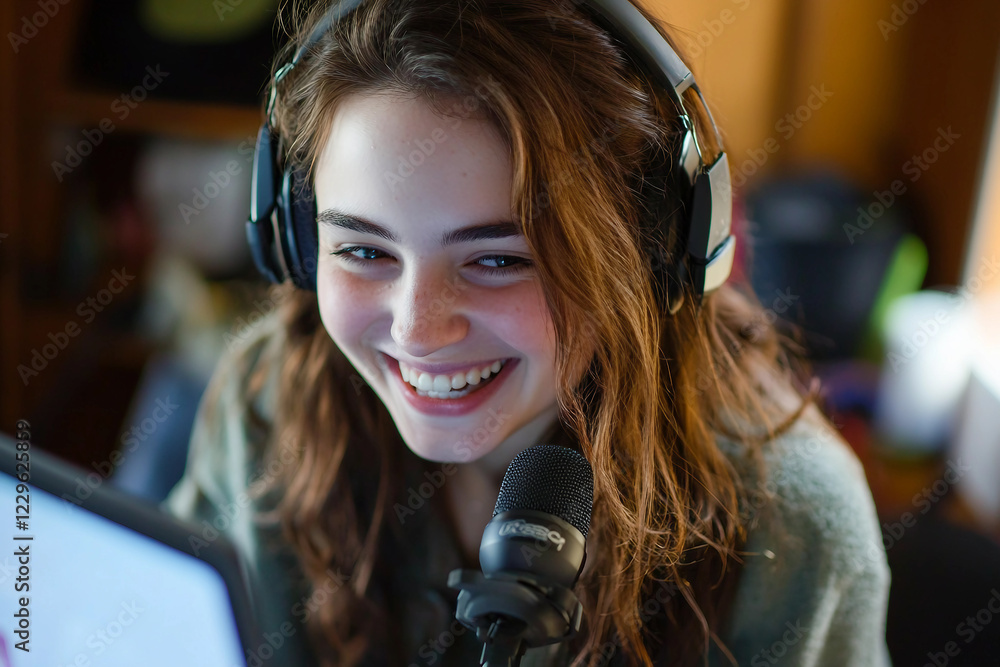 Generative AI portrait of a vibrant podcast host with mic headphones during live radio show Generative AI portrait of a vibrant podcast host with mic headphones during live radio show