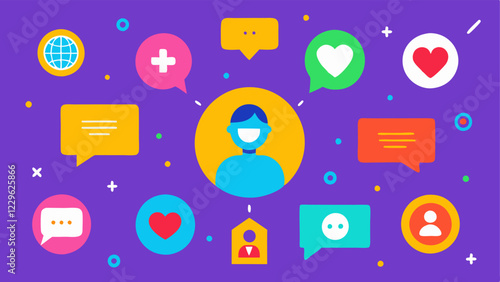 Virtual Event Poster A bright and colorful poster for a virtual charity event with symbols of online interaction like video chat icons indicating community engagement.