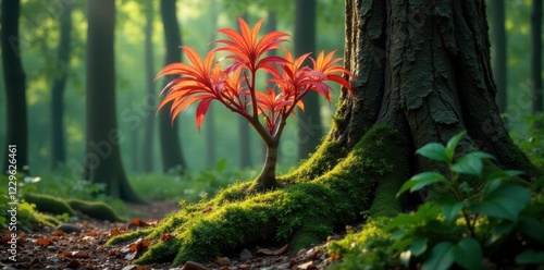 Tillandsia recurvata on a deciduous tree with forest floor, roots, forest photo