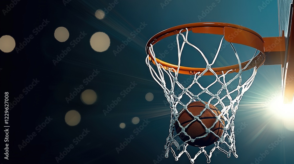 Basketball Hoop with a Ball in Motion Under Bright Lights Basketball Hoop with a Ball in Motion Under Bright Lights