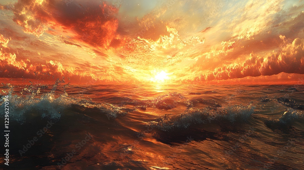 Fototapeta premium Serene Sunset Over Ocean Waves with Colorful Sky Reflection