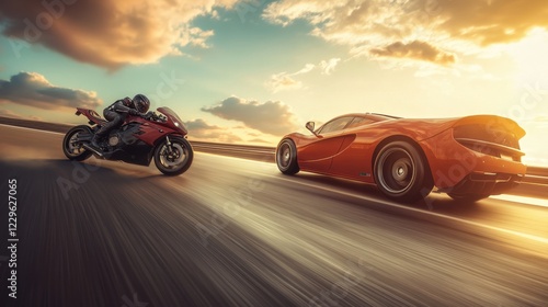 Exciting sports car and motorcycle racing on an open highway under dramatic skies