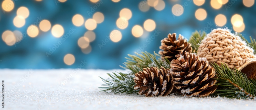 Pine cone and pine needles resting on a snow-covered surface in a winter landscape Pine cone and pine needles resting on a snow-covered surface in a winter landscape