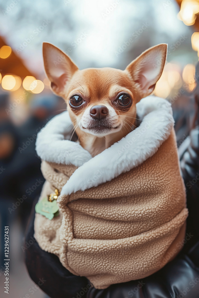 Chihuahua wrapped in cozy blanket enjoying festive atmosphere at outdoor market in winter evening Chihuahua wrapped in cozy blanket enjoying festive atmosphere at outdoor market in winter evening