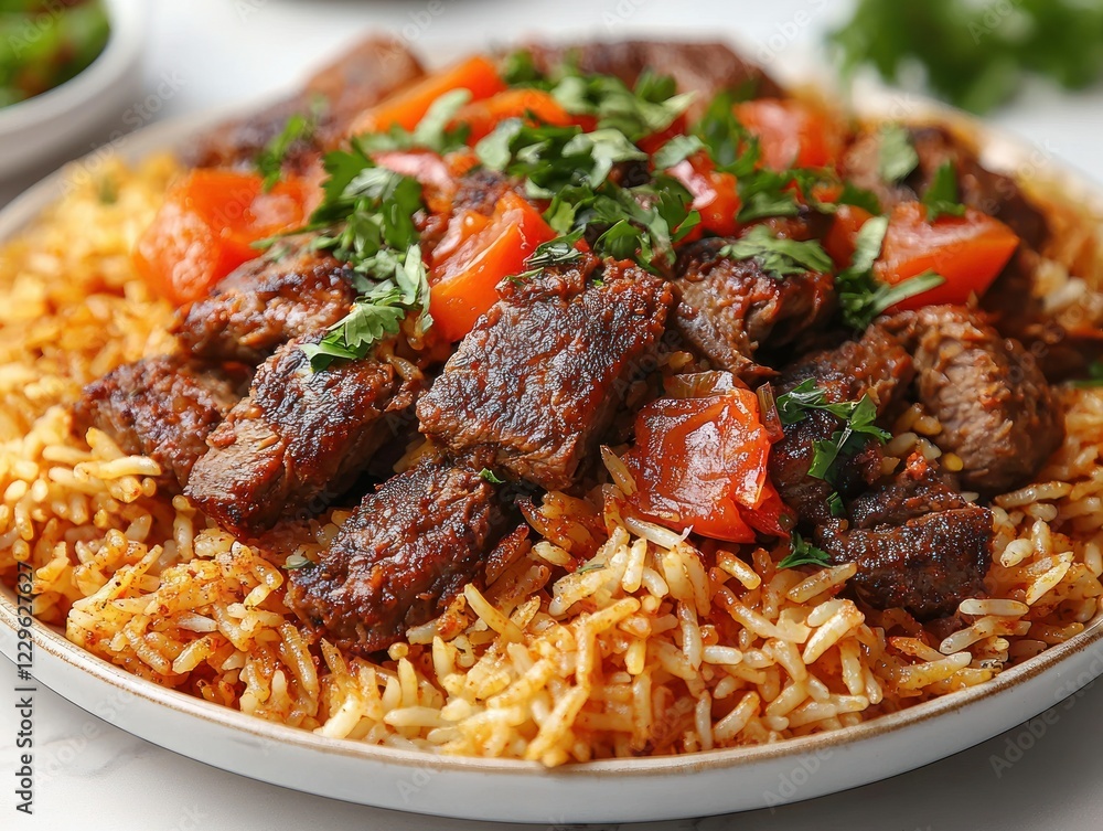 Spiced beef and tomato over rice on plate, kitchen prep Spiced beef and tomato over rice on plate, kitchen prep
