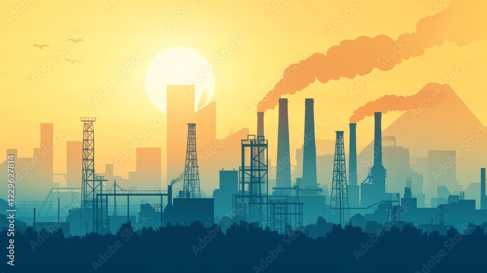 Obraz premium A striking industrial silhouette against a vibrant sunrise, showcasing factories and smoke emissions, illustrating environmental challenges in urban landscapes.
