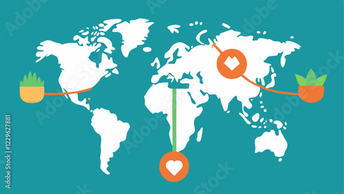 World Map with Crop Icons A simple world map with different crop icons representing various regions. Arrow lines connect investment sources to their respective agricultural