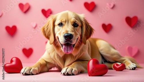 Valentine's Day Pet Love: Pink Puppy Bliss with Red Hearts photo