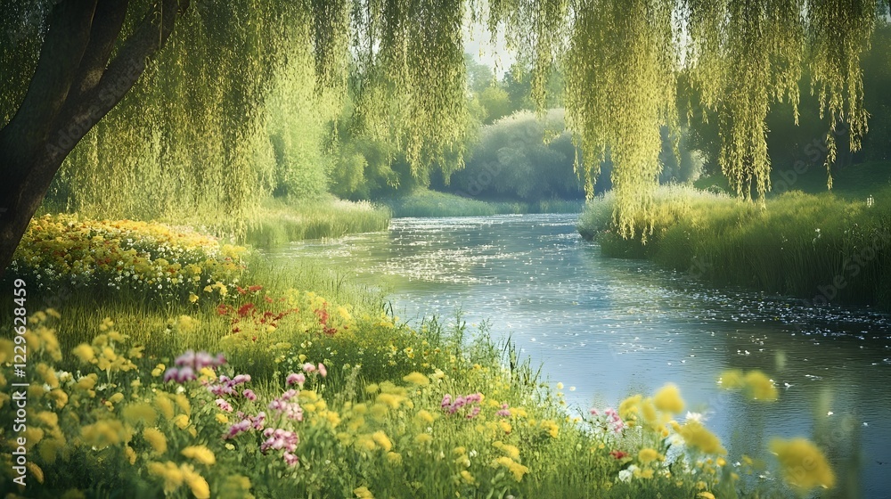 Obraz premium Tranquil River Surrounded by Lush Greenery and Vibrant Flowers
