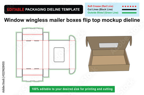 Customizable window mailer box dieline design, flip top box, mockup design, dieline template, packaging mockup, ecommerce box, die cut template, Custom box dieline, custom dieline