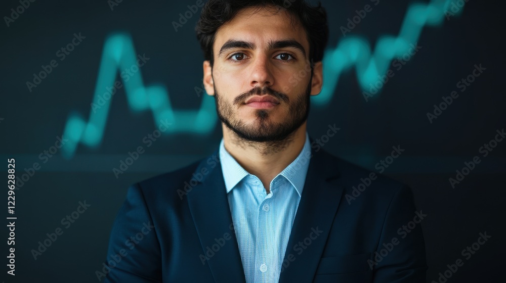 Businessman Standing in Front of Digital ESG Chart Illustrating Social Impact and Governance Metrics for Ethical Leadership Insights Businessman Standing in Front of Digital ESG Chart Illustrating Social Impact and Governance Metrics for Ethical Leadership Insights