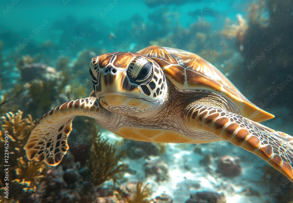 Fototapeta premium Graceful Green Sea Turtle Swimming Through Crystal Clear Tropical Waters Surrounded by Vibrant Coral Reefs in a Stunning Underwater Paradise