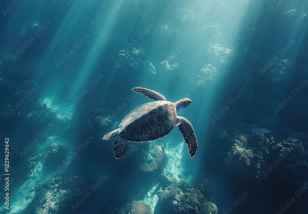 Fototapeta premium Graceful sea turtle gliding through crystal clear ocean water with sunlight filtering through the surface, surrounded by coral reefs and marine life elements