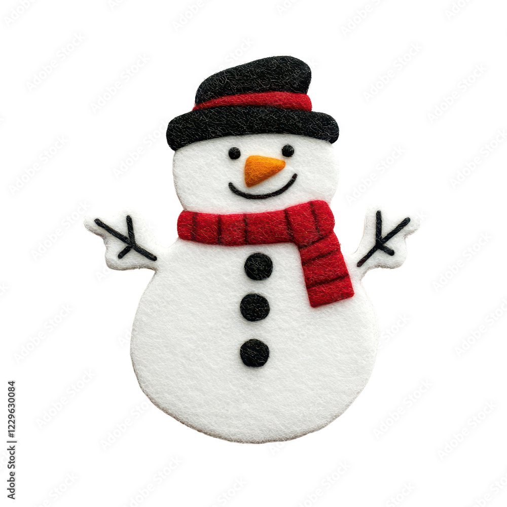 A cheerful snowman decoration with a black hat and a red scarf, perfect for winter themes. A cheerful snowman decoration with a black hat and a red scarf, perfect for winter themes.