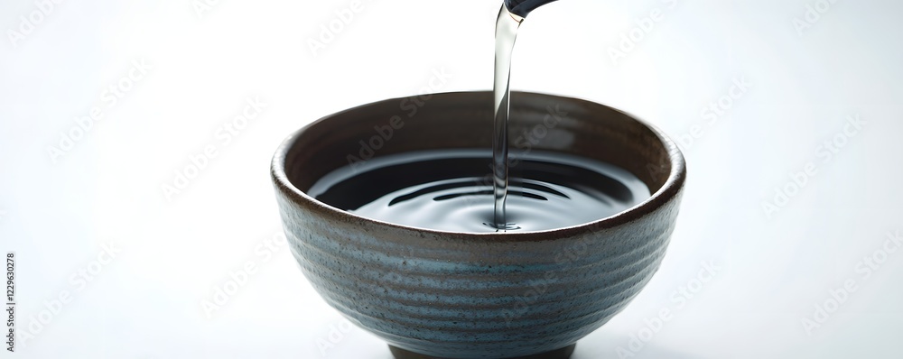 Obraz premium A traditional ceramic cup of Sake with a small pour, with a white background