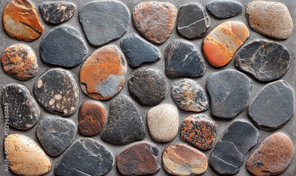 Smooth, multicolored river stones arranged in a mosaic pattern on a gray background. Smooth, multicolored river stones arranged in a mosaic pattern on a gray background.