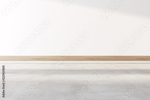 minimalistic interior space featuring clean, empty wall with wooden baseboard. floor has subtle texture, creating serene atmosphere perfect for various design applications