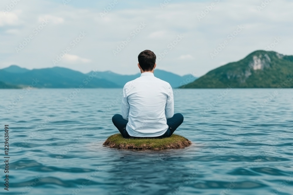 Fototapeta premium A Person Sitting Alone on a Small Island Surrounded by Rising Water, Illustrating Overwhelming Feelings of Environmental Stress