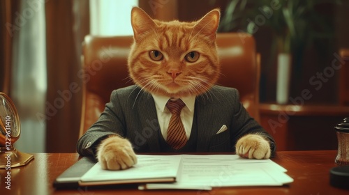 Wallpaper Mural A humorous image of a cat with a human head wearing a suit, sitting at a desk, creating a whimsical corporate atmosphere. Torontodigital.ca