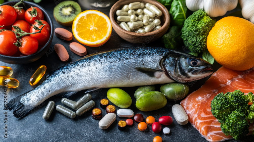 Fresh ingredients display showcasing salmon, vegetables, and supplements for healthy meal preparation Fresh ingredients display showcasing salmon, vegetables, and supplements for healthy meal preparation