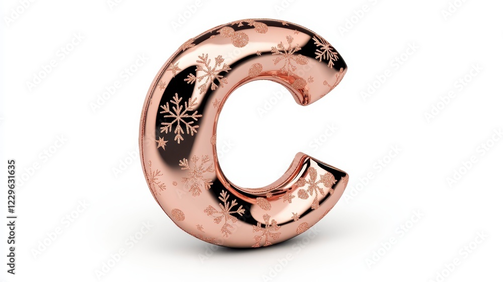 Shiny Rose Gold Letter C with Snowflake Pattern on White Background Shiny Rose Gold Letter C with Snowflake Pattern on White Background