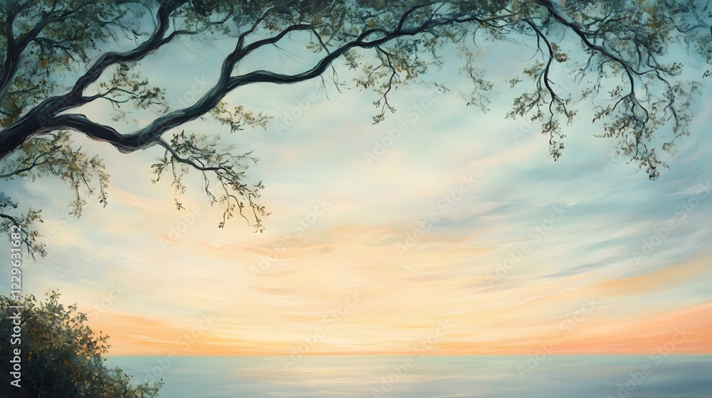Serene Sunset Over Ocean with Branches and Gentle Clouds Serene Sunset Over Ocean with Branches and Gentle Clouds