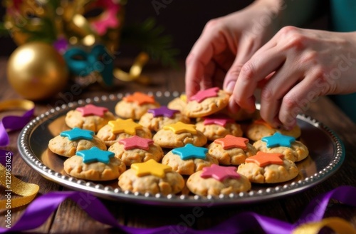 Hands carefully arranging colorful hamantaschen cookies on a silver platter, with golden and purple ribbons scattered around photo