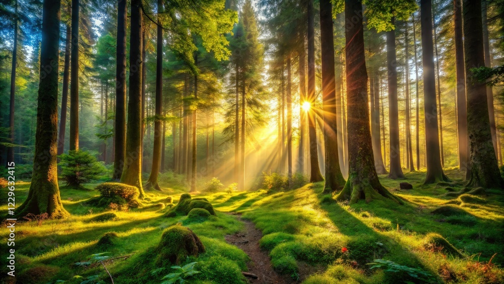 Naklejka premium Serene woods bathed in magical sunlight, towering trees casting dappled shadows on a peaceful forest floor.