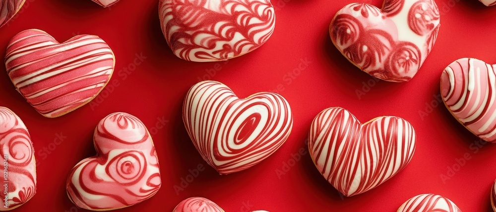 Heart-shaped chocolates in red and white swirls arranged on a vibrant red background for Valentines Day celebrations, gifts, or romantic occasions. Sweet treats, love. Heart-shaped chocolates in red and white swirls arranged on a vibrant red background for Valentines Day celebrations, gifts, or romantic occasions. Sweet treats, love.