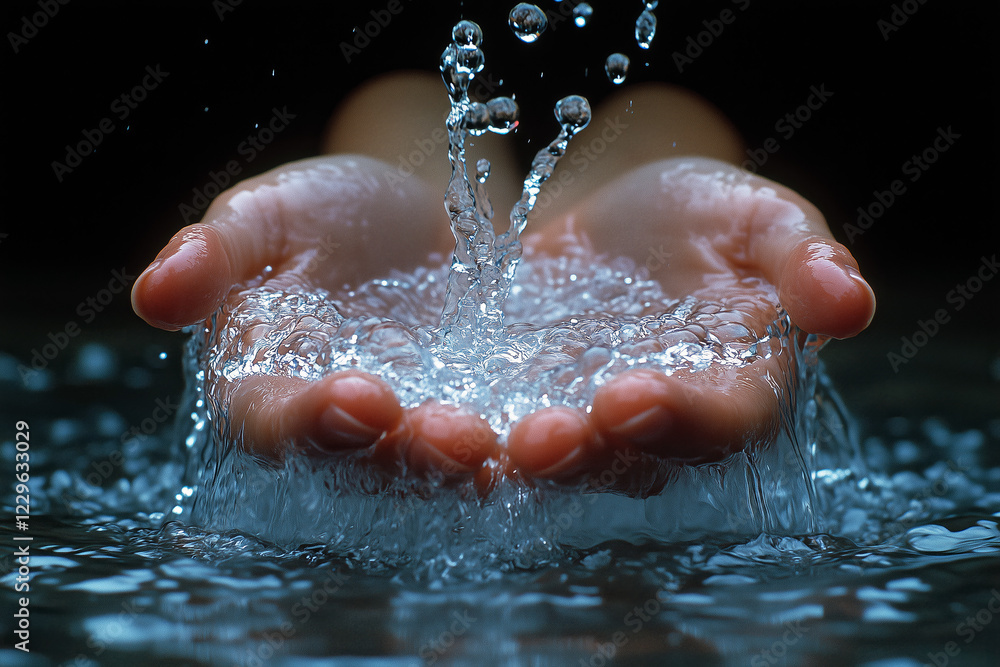 Fototapeta premium Cupped Hands Catching Water Splash Against Dark Background