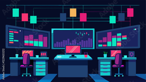 Virtual Trading Floor A stylized trading floor setup with digital screens showing realtime trading data depicting the virtual nature of modern trading environments.
