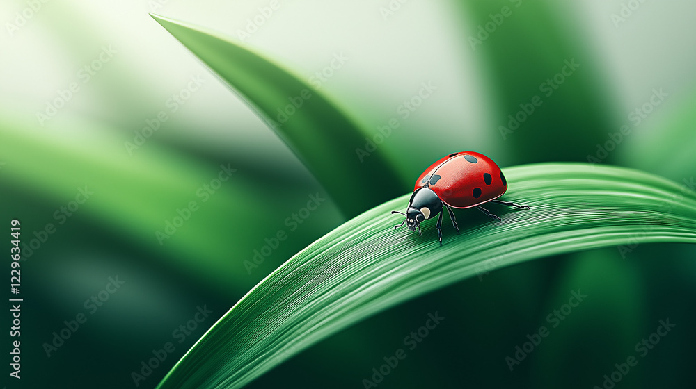 Fototapeta premium Marienkäfer auf einem grünen Grashalm vor neutralem Hintergrund
