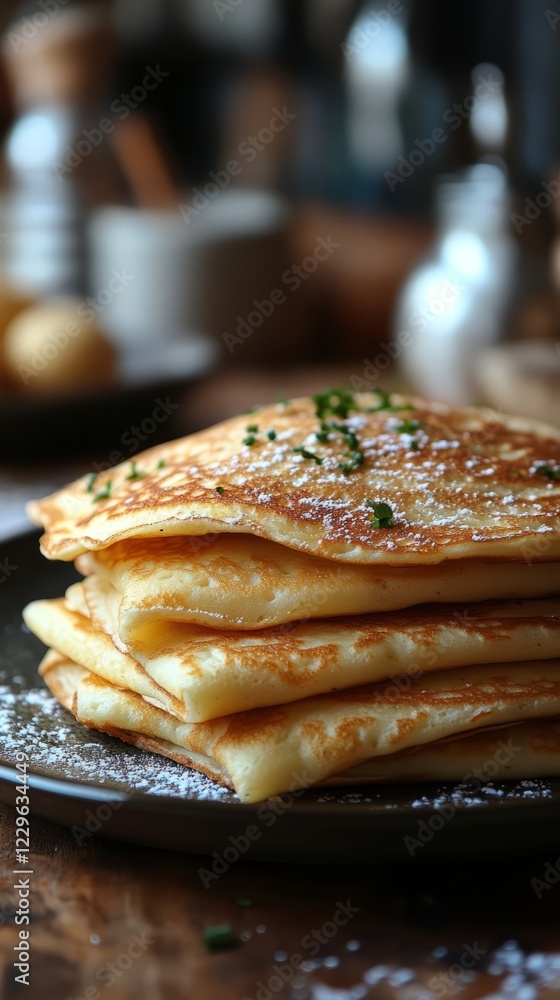 A Stack Of Golden-Brown Pancakes, Dusted With Powdered Sugar And Chives, Sits On A Dark Plate. The Image Has A Warm, Inviting Vibe. A Stack Of Golden-Brown Pancakes, Dusted With Powdered Sugar And Chives, Sits On A Dark Plate. The Image Has A Warm, Inviting Vibe.