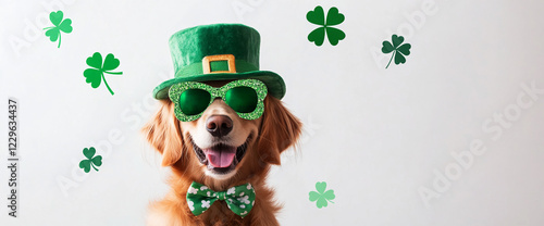 Golden retriever wearing a green leprechaun hat and shamrock sunglasses with a matching bow tie, celebrating St. Patrick's Day with clover-themed festive decorations, symbolizing Irish culture and joy photo