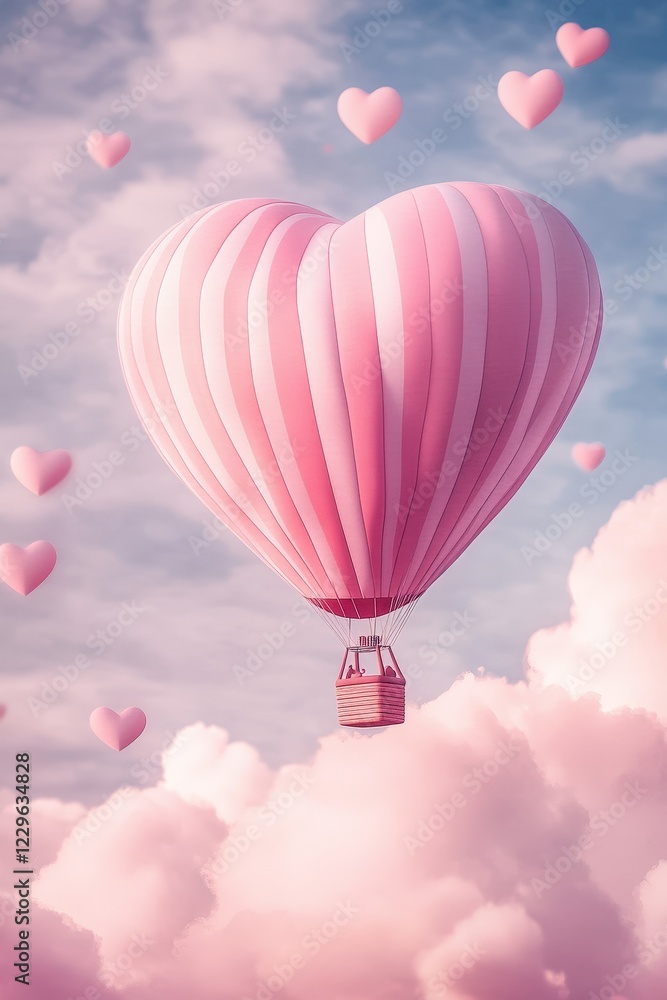 Fototapeta premium Hot air balloon in heart shape floating through pink clouds with small heart-shaped balloons, symbolizing love, romance, and joyful adventures in the sky.