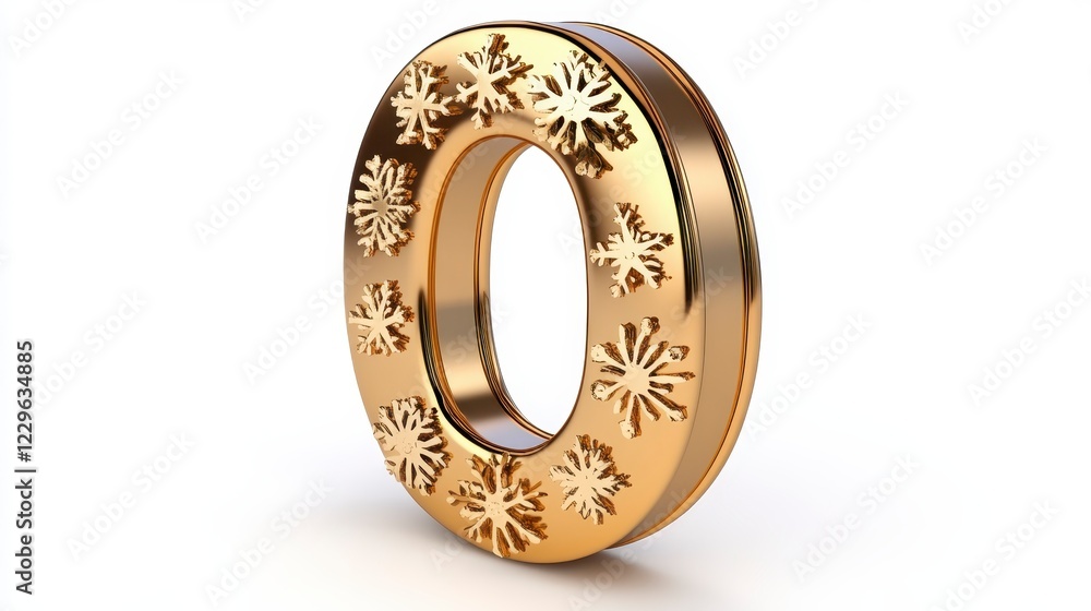 Decorative Gold Number Zero with Snowflake Design on White Background Decorative Gold Number Zero with Snowflake Design on White Background