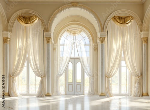 Elegant Palace Interior Design: Grand Ballroom with Luxurious Curtains and Marble Columns