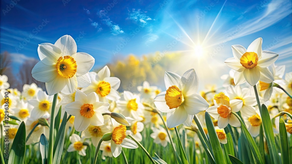 Fototapeta premium Spring's vibrant yellow daffodils bloom, a breathtaking floral wallpaper of springtime beauty.