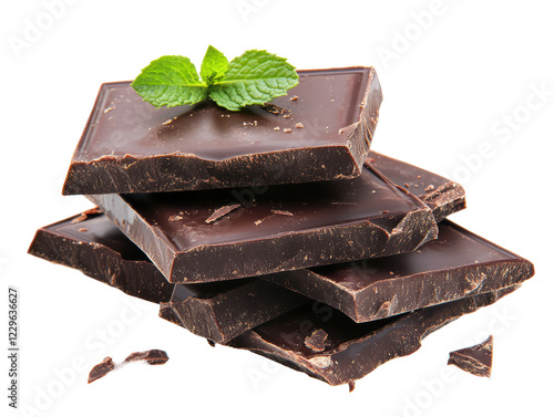 Isolated Stack of Dark Chocolate Pieces with Mint Leaves photo