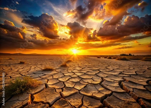 Sun-drenched, cracked earth glows crimson under a fading sunset, a low-light photographic masterpiece.