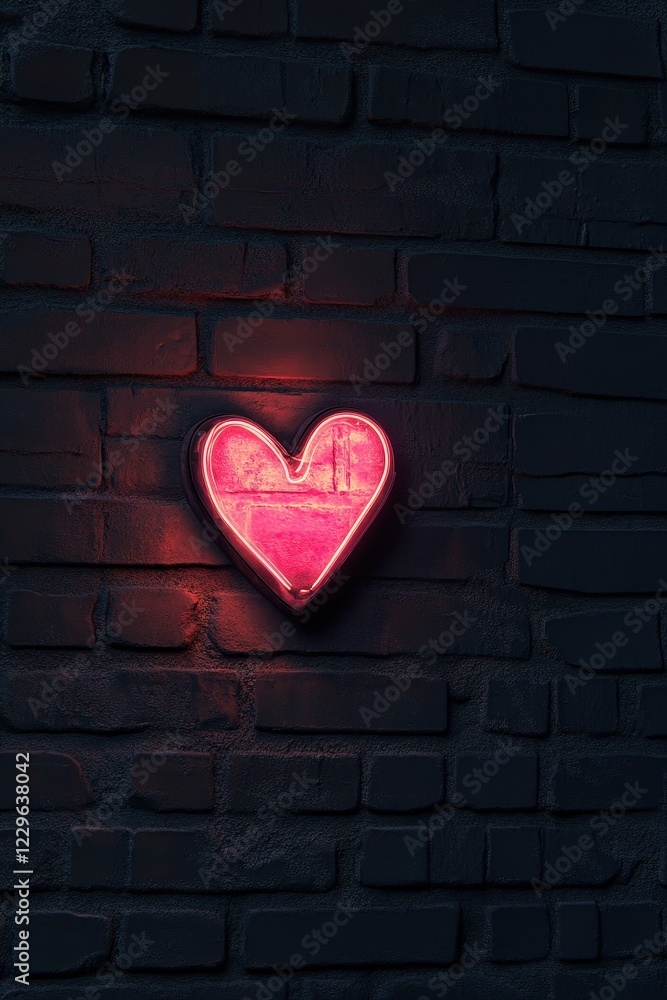 Neon heart sign glowing on dark brick wall, showcasing modern art decor and urban aesthetics. Perfect for romantic themes, nightlife, and creative design projects. Neon heart sign glowing on dark brick wall, showcasing modern art decor and urban aesthetics. Perfect for romantic themes, nightlife, and creative design projects.