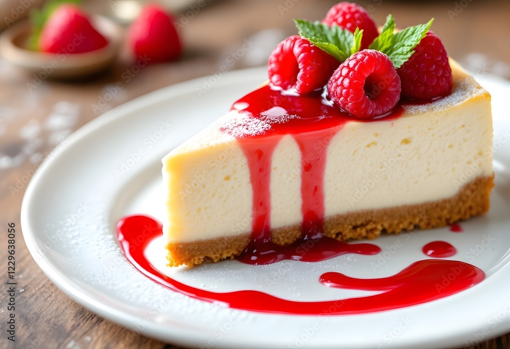 Delicious Cheesecake Slice with Raspberry Sauce and Fresh Berries on Rustic Table Delicious Cheesecake Slice with Raspberry Sauce and Fresh Berries on Rustic Table