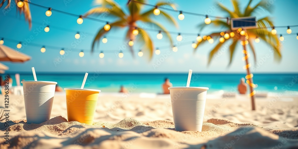Fototapeta premium Eco-Friendly Summer Beach Party with Reusable Cups and Solar Lights
