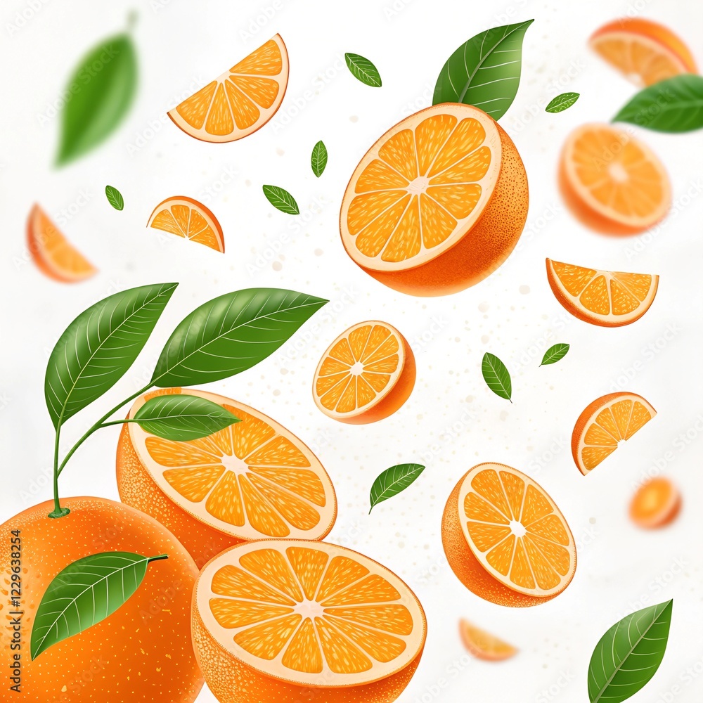 Falling juicy oranges with green leaves isolated on transparent background. Flying defocusing slices of oranges. Applicable for fruit juice advertising. Vector illustration. Falling juicy oranges with green leaves isolated on transparent background. Flying defocusing slices of oranges. Applicable for fruit juice advertising. Vector illustration.