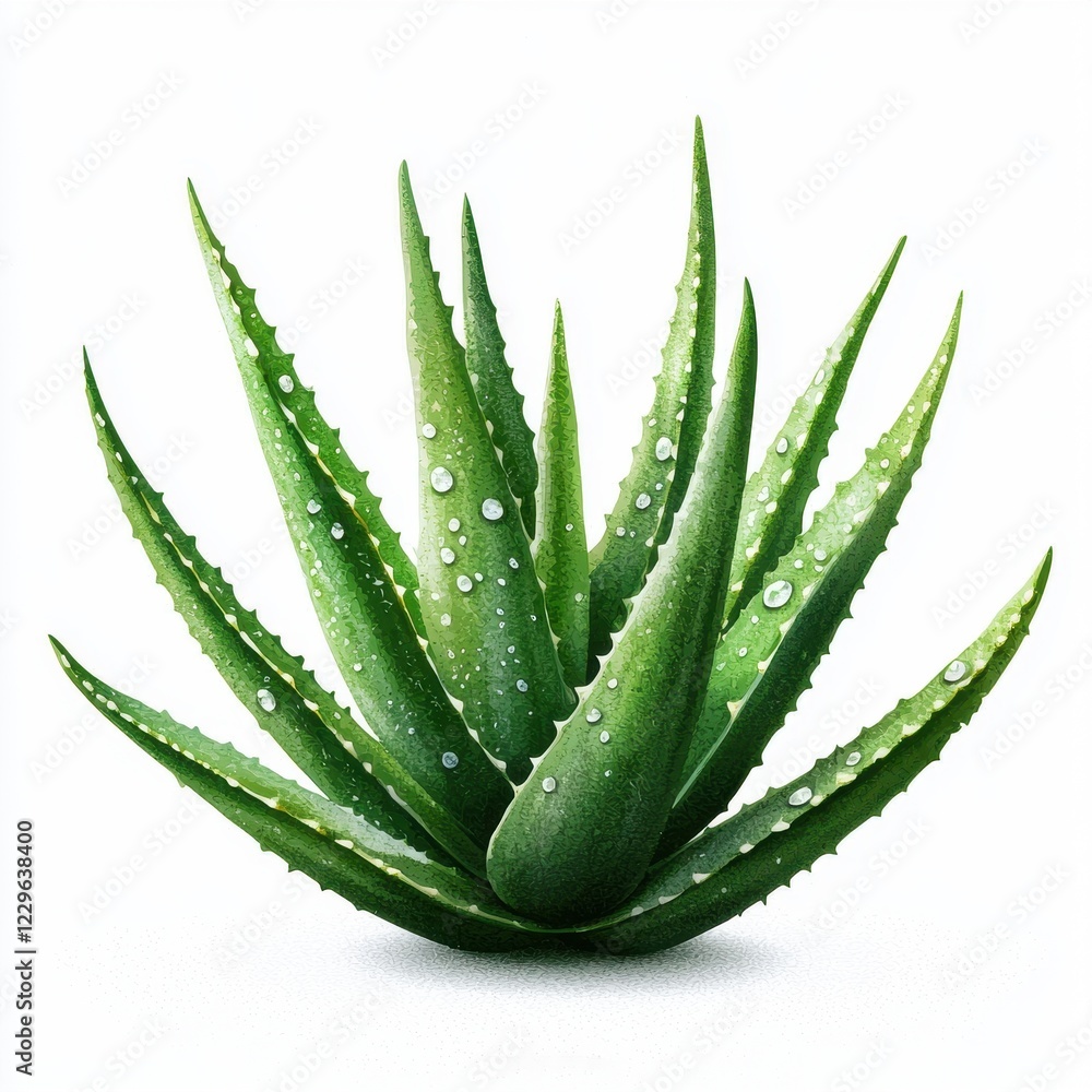 Lush Green Aloe Vera Plant with Water Droplets Isolated on White Background Lush Green Aloe Vera Plant with Water Droplets Isolated on White Background